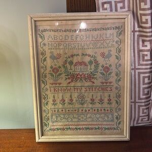 Vintage Cross Stitch/Needlepoint Framed "I know my stitches"